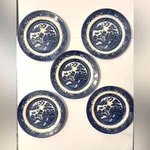 Set of 5 Vintage Blue Willow 9” Dinner Plates - Made in England
